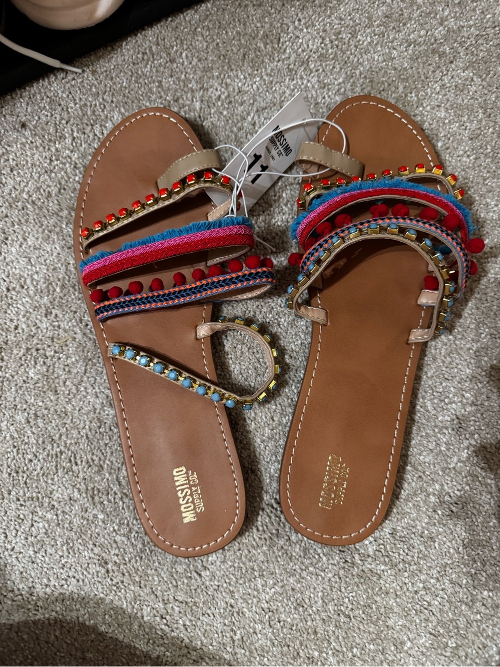 Mossimo Supply Co. Brown Slide Sandals with Red, Blue & Yellow Bead and Pom Trim